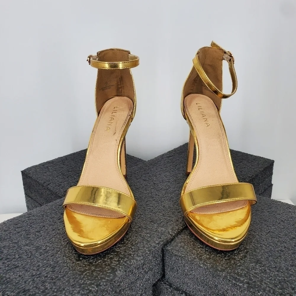 Liliana Metallic Gold Ankle-Strap Stiletto Heels - Picture 8 of 13